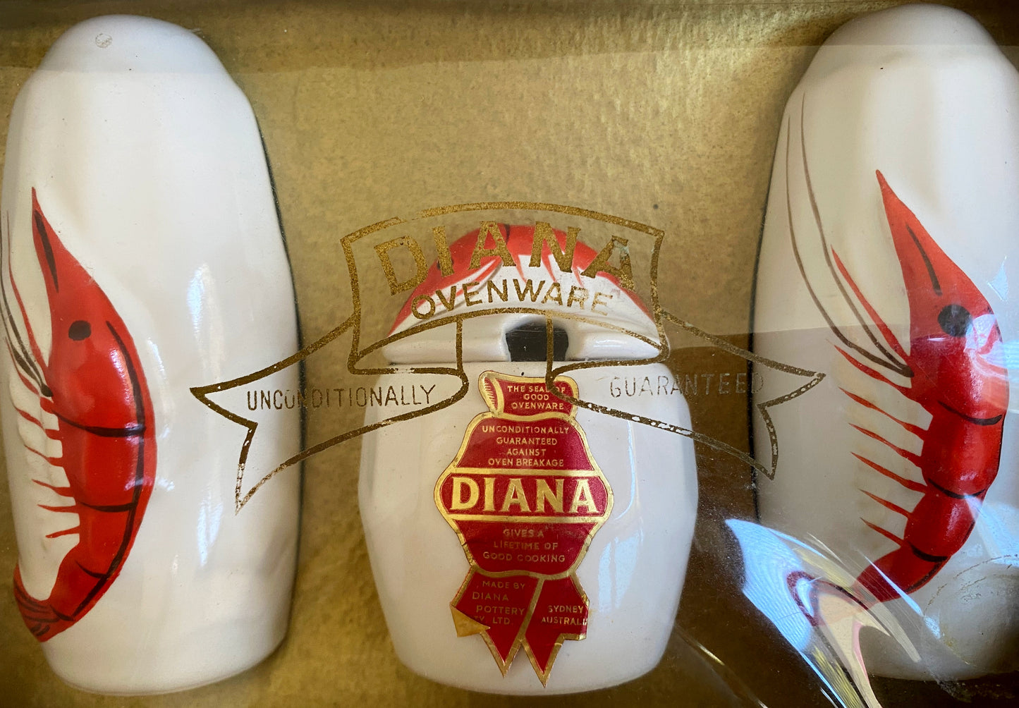 1950s DIANA POTTERY Shrimp Salt & Pepper Shakers & Mustard Pot | IOB - Busy Bowerbird