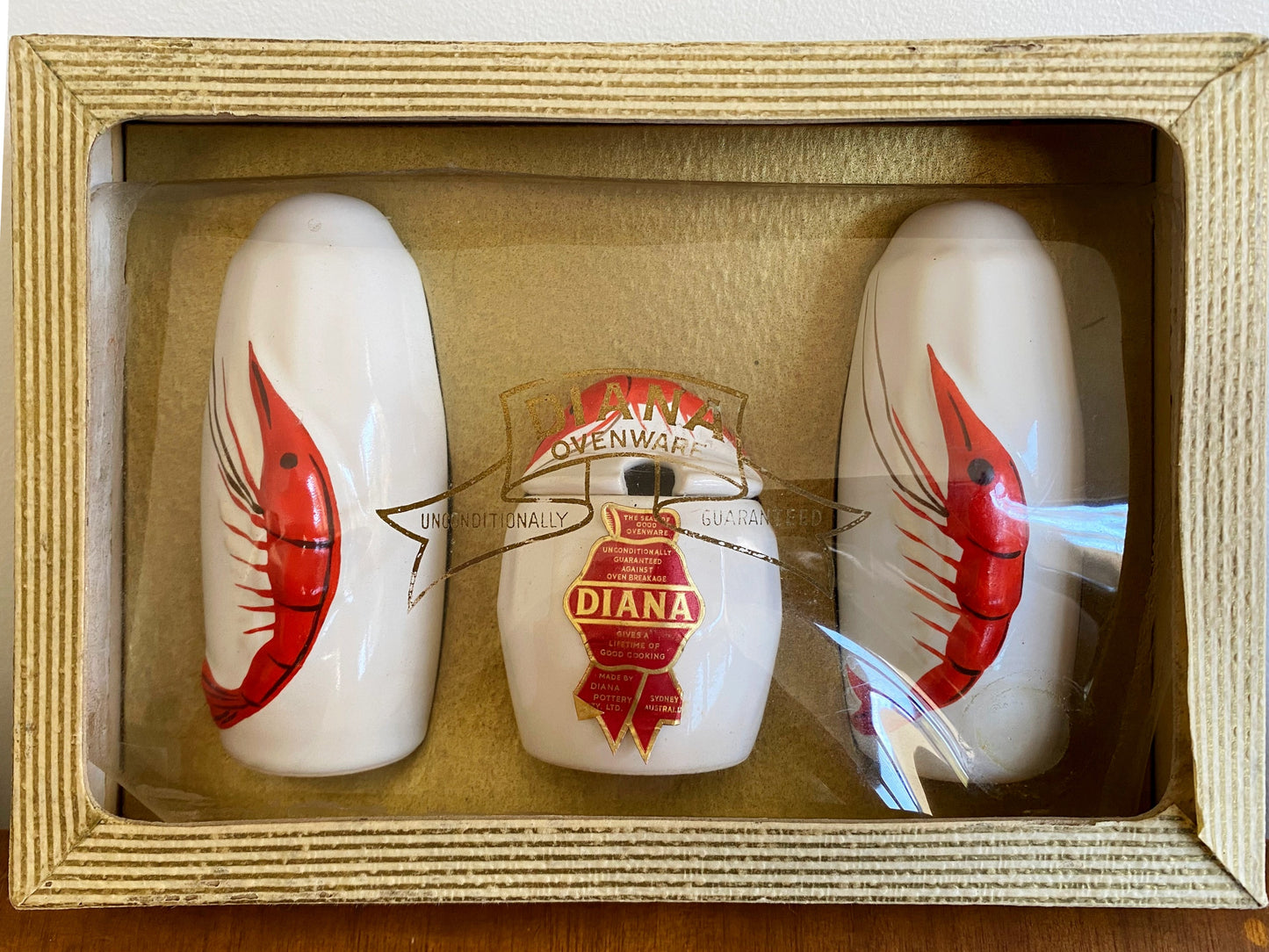 1950s DIANA POTTERY Shrimp Salt & Pepper Shakers & Mustard Pot | IOB - Busy Bowerbird