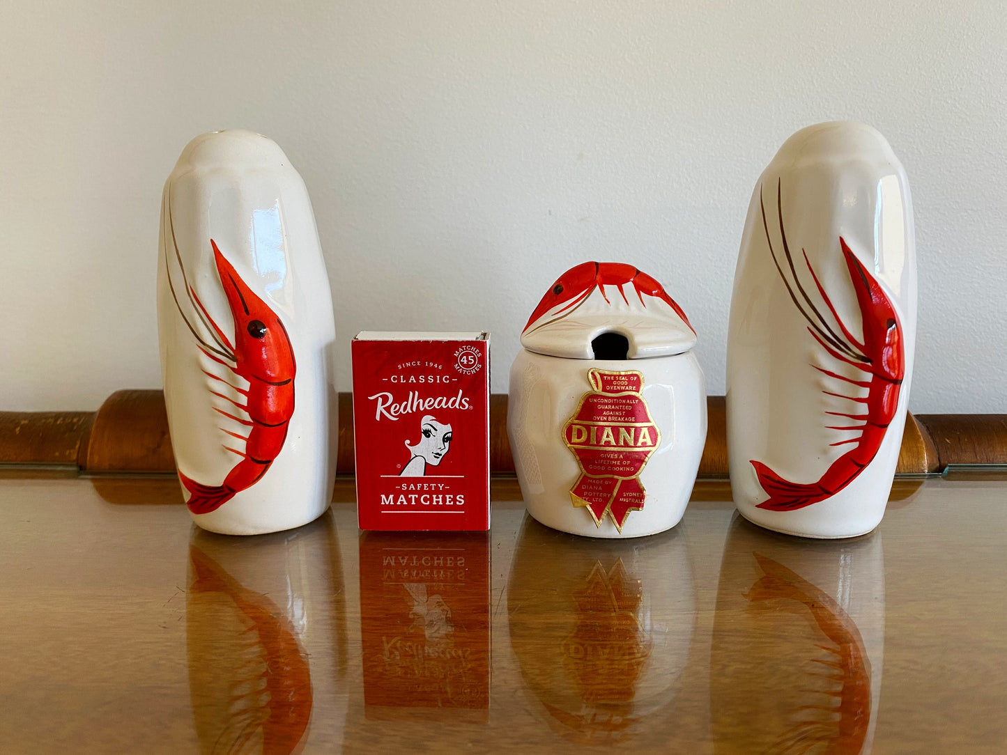 1950s DIANA POTTERY Shrimp Salt & Pepper Shakers & Mustard Pot | IOB - Busy Bowerbird