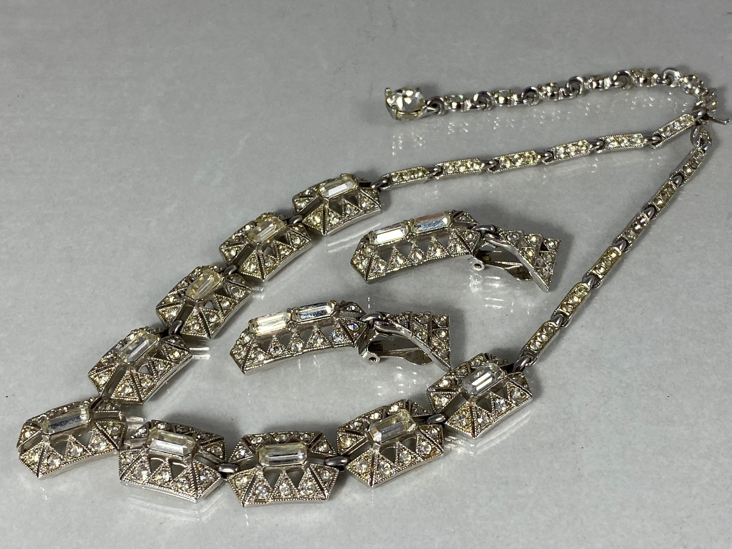1940s BOGOFF Art Deco Rhinestone Pendant Choker & Earring Set - Busy Bowerbird