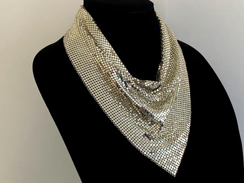 1970s WHITING & DAVIS Silver Mesh Bib Necklace