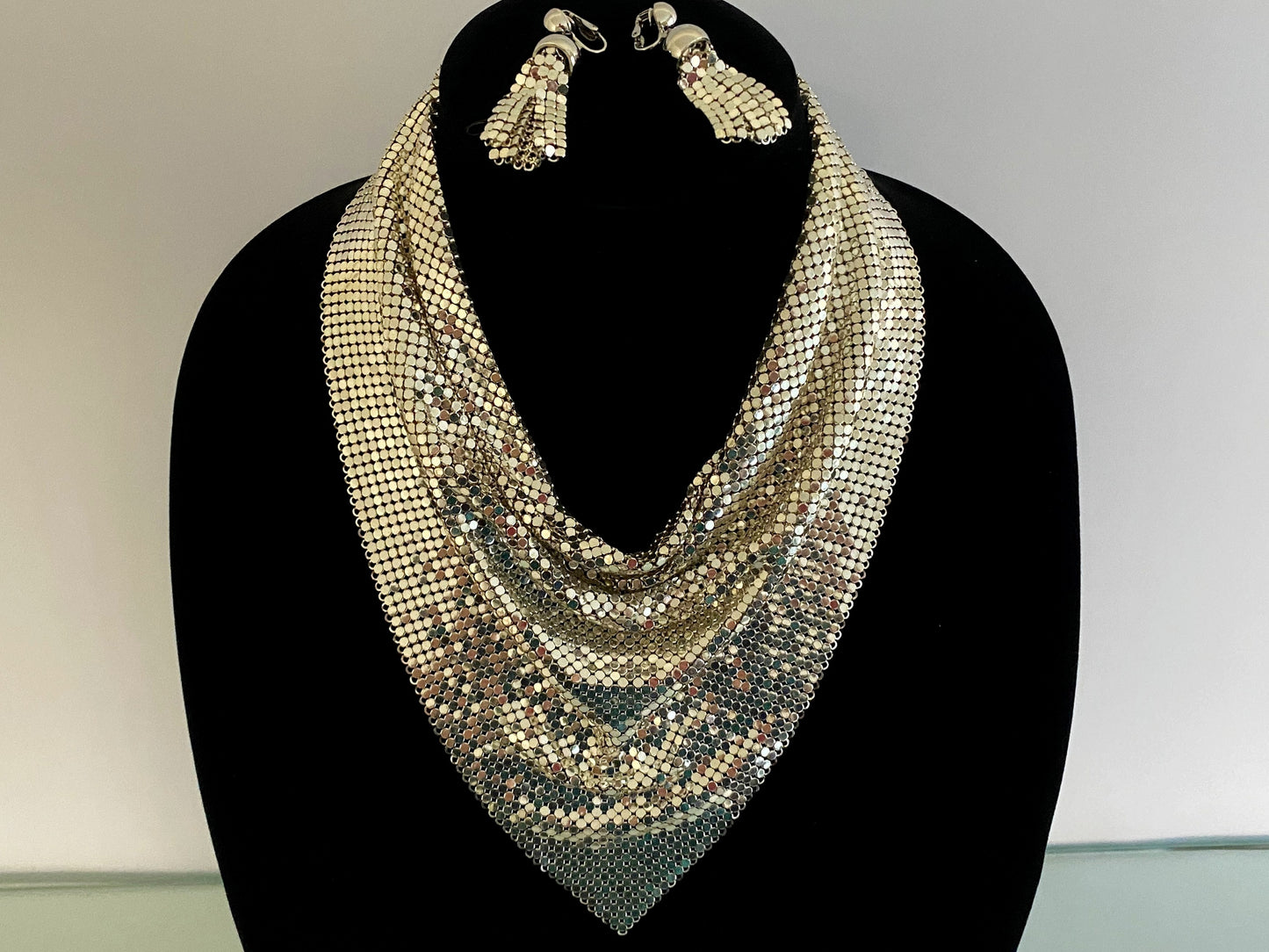 WHITING & DAVIS Silver Mesh Bib Necklace | Matching Dangle Earrings