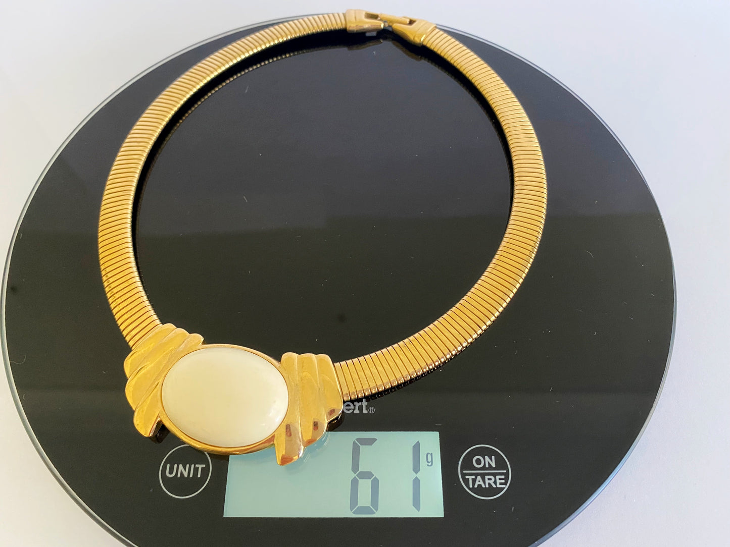 Vintage TRIFARI Gold-Plated Omega Necklace with White Cabochon - Busy Bowerbird
