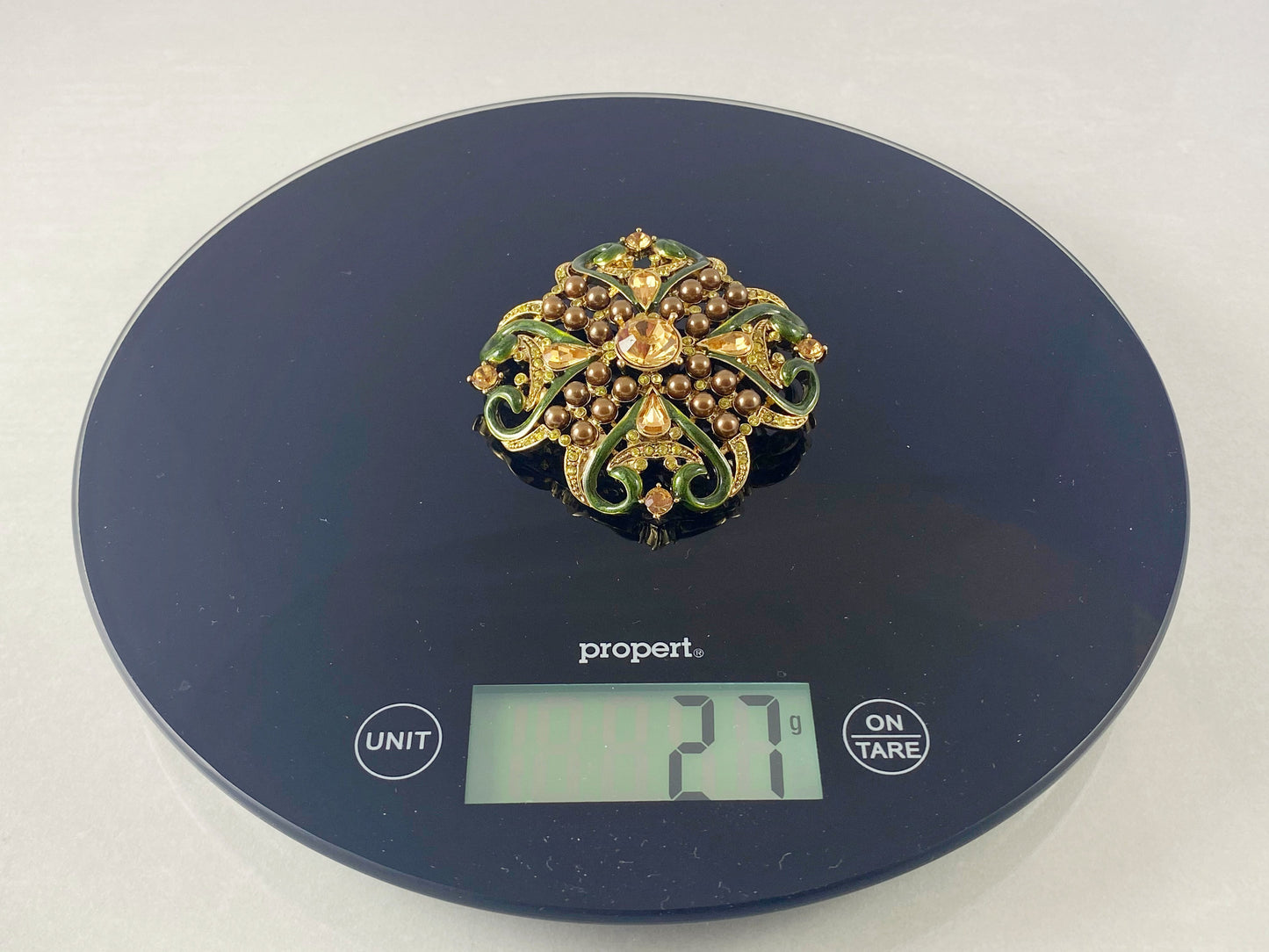 VINTAGE Gold-Plated and Enameled Brooch Adorned with Crystals & Cabochons - Busy Bowerbird