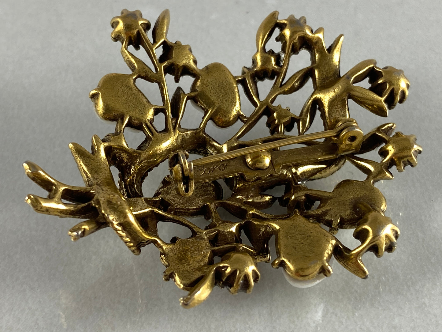 1930s CORO Faux Baroque Pearl & Rhinestone Flower Bouquet Brooch - Busy Bowerbird
