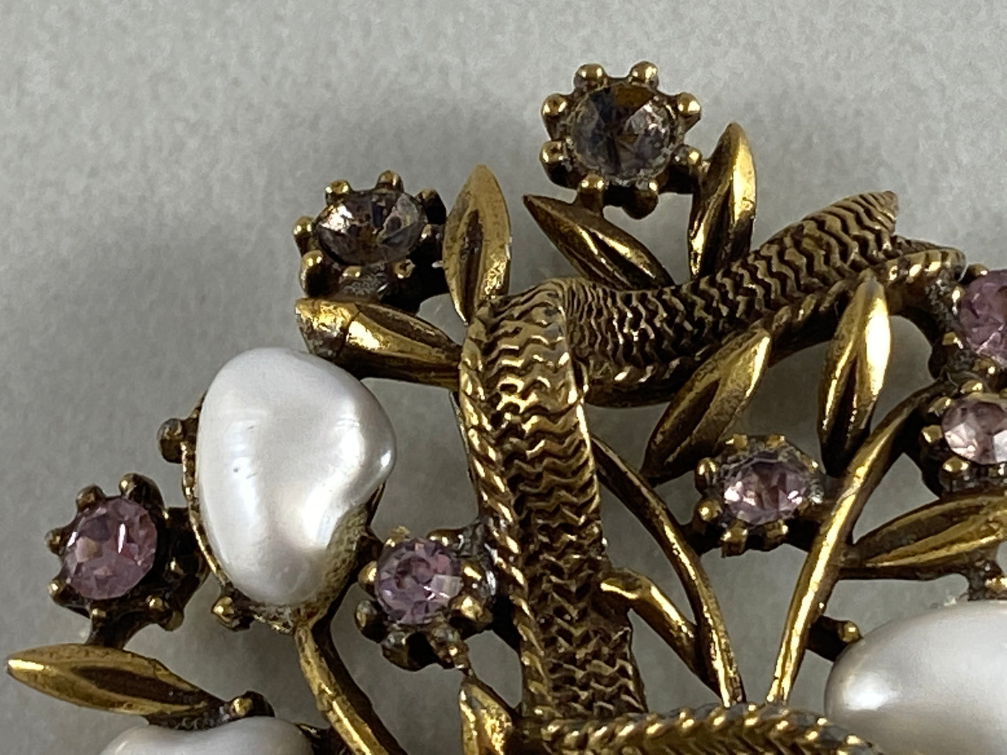 1930s CORO Faux Baroque Pearl & Rhinestone Flower Bouquet Brooch - Busy Bowerbird