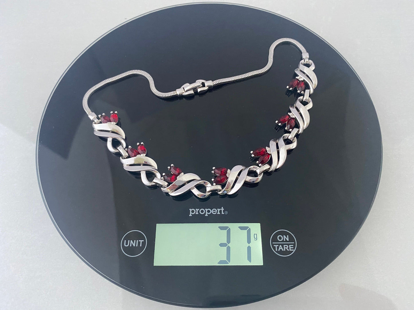 PENNINO Silver-Tone Choker Necklace with Ruby-Red Rhinestones - Busy Bowerbird