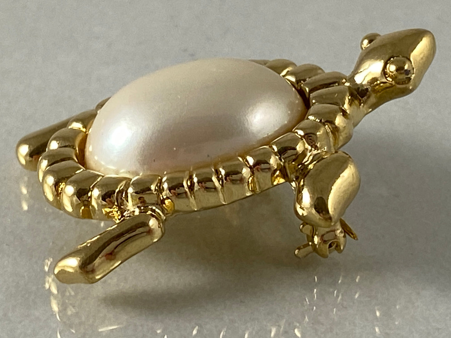 Vintage TRIFARI Gold-Tone Turtle Brooch | Pearlized Lucite Cabochon - Busy Bowerbird
