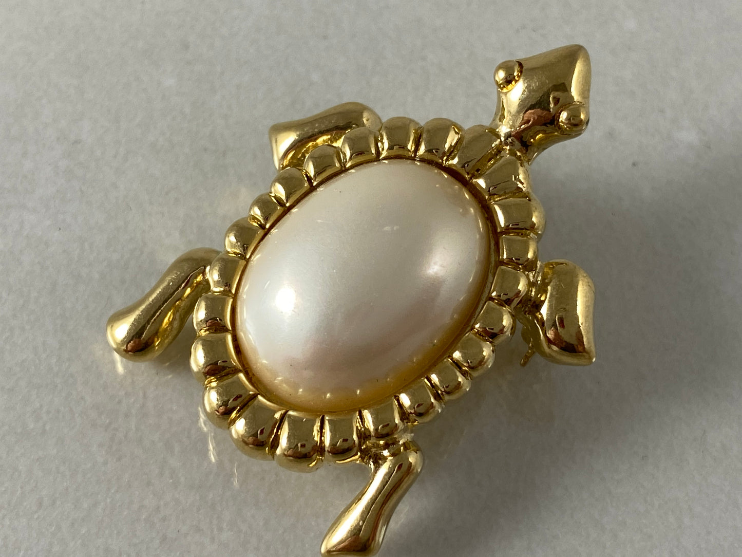 Vintage TRIFARI Gold-Tone Turtle Brooch | Pearlized Lucite Cabochon - Busy Bowerbird