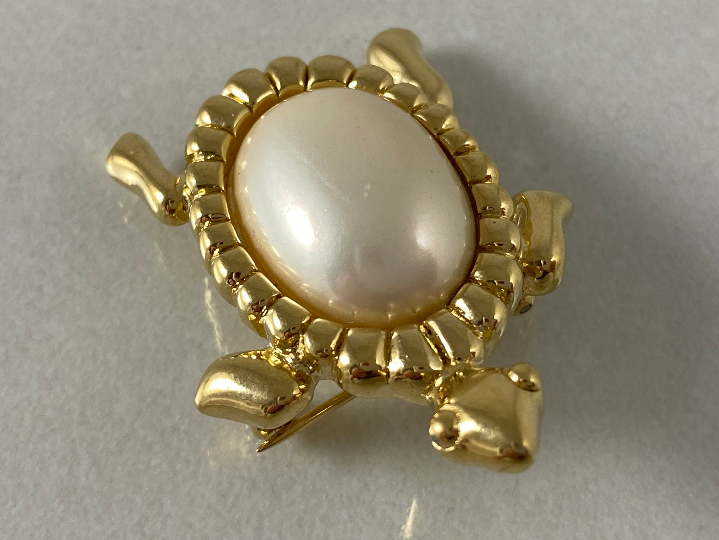 Vintage TRIFARI Gold-Tone Turtle Brooch | Pearlized Lucite Cabochon - Busy Bowerbird