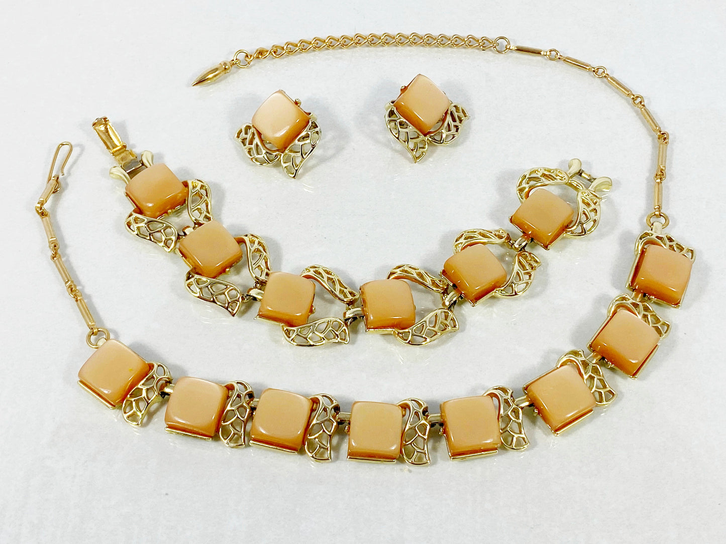 CORO Gold-Tone & Peach Moonglow Necklace, Bracelet, & Earring Set - Busy Bowerbird