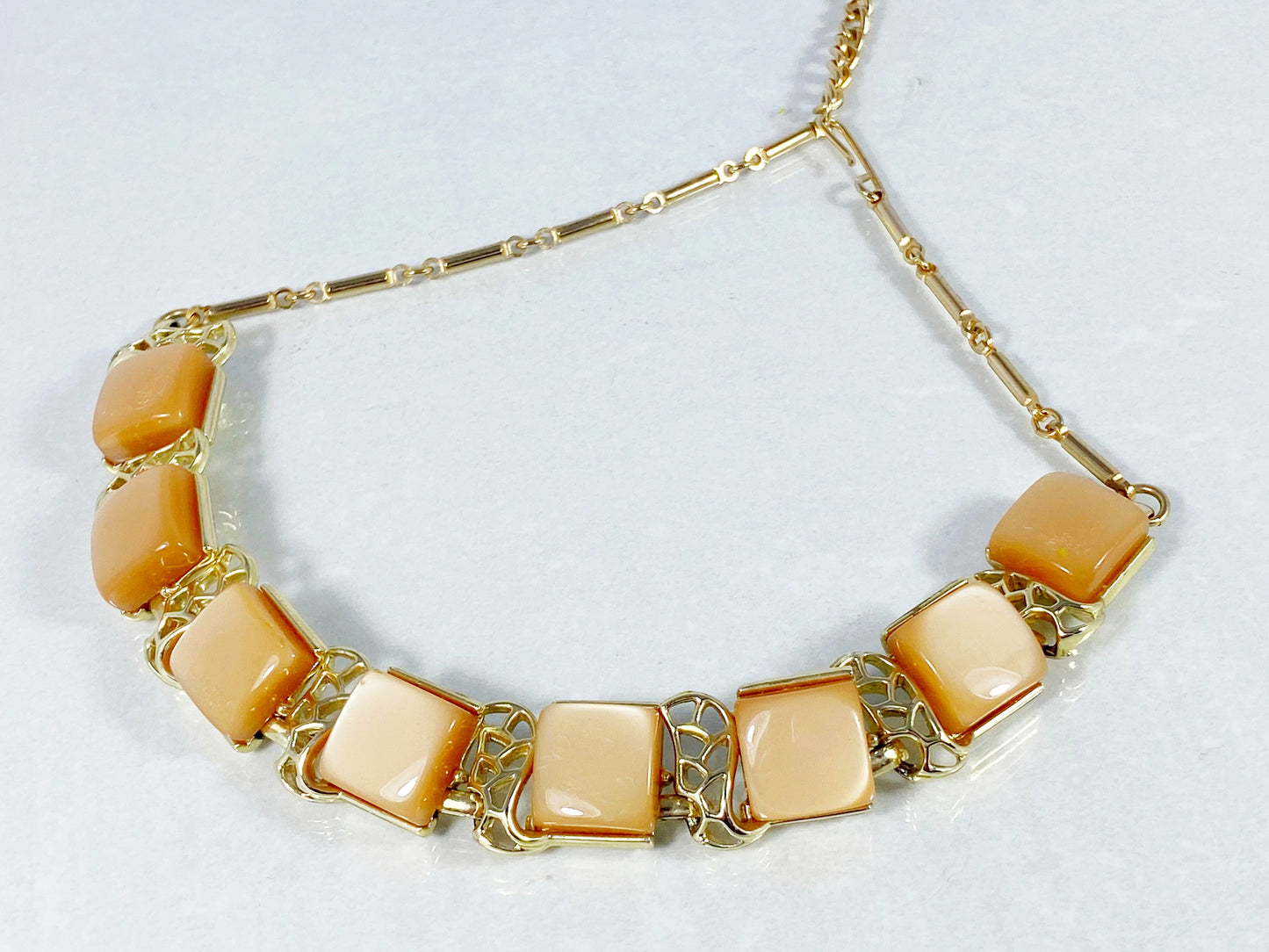 CORO Gold-Tone & Peach Moonglow Necklace, Bracelet, & Earring Set - Busy Bowerbird