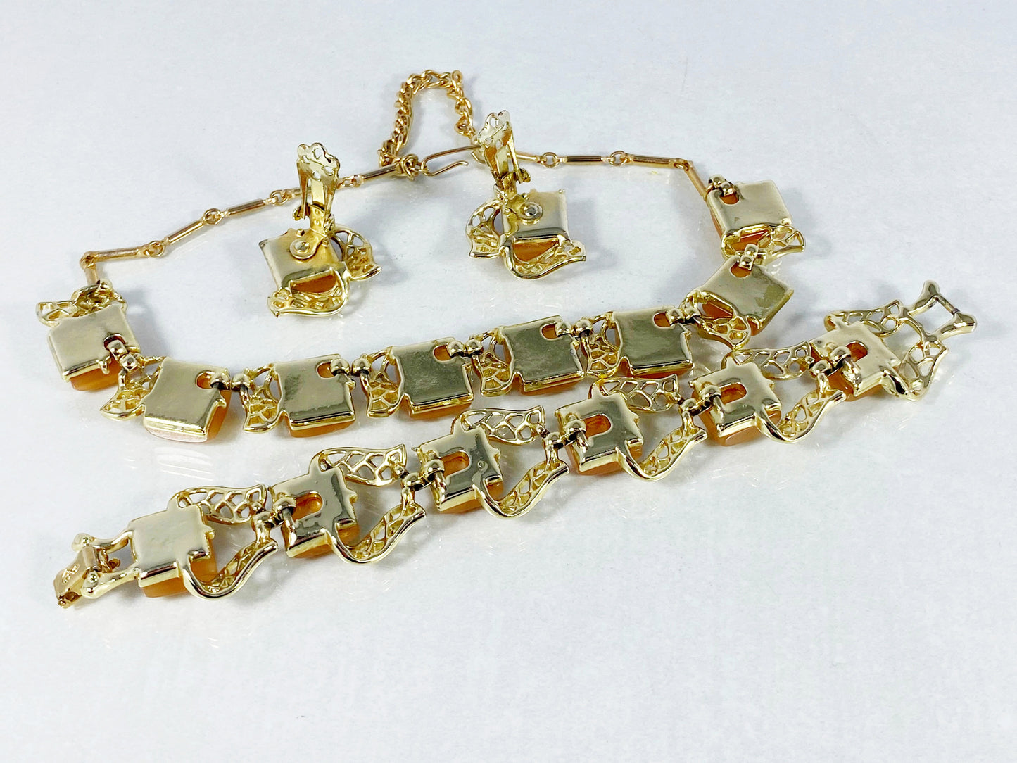 CORO Gold-Tone & Peach Moonglow Necklace, Bracelet, & Earring Set - Busy Bowerbird