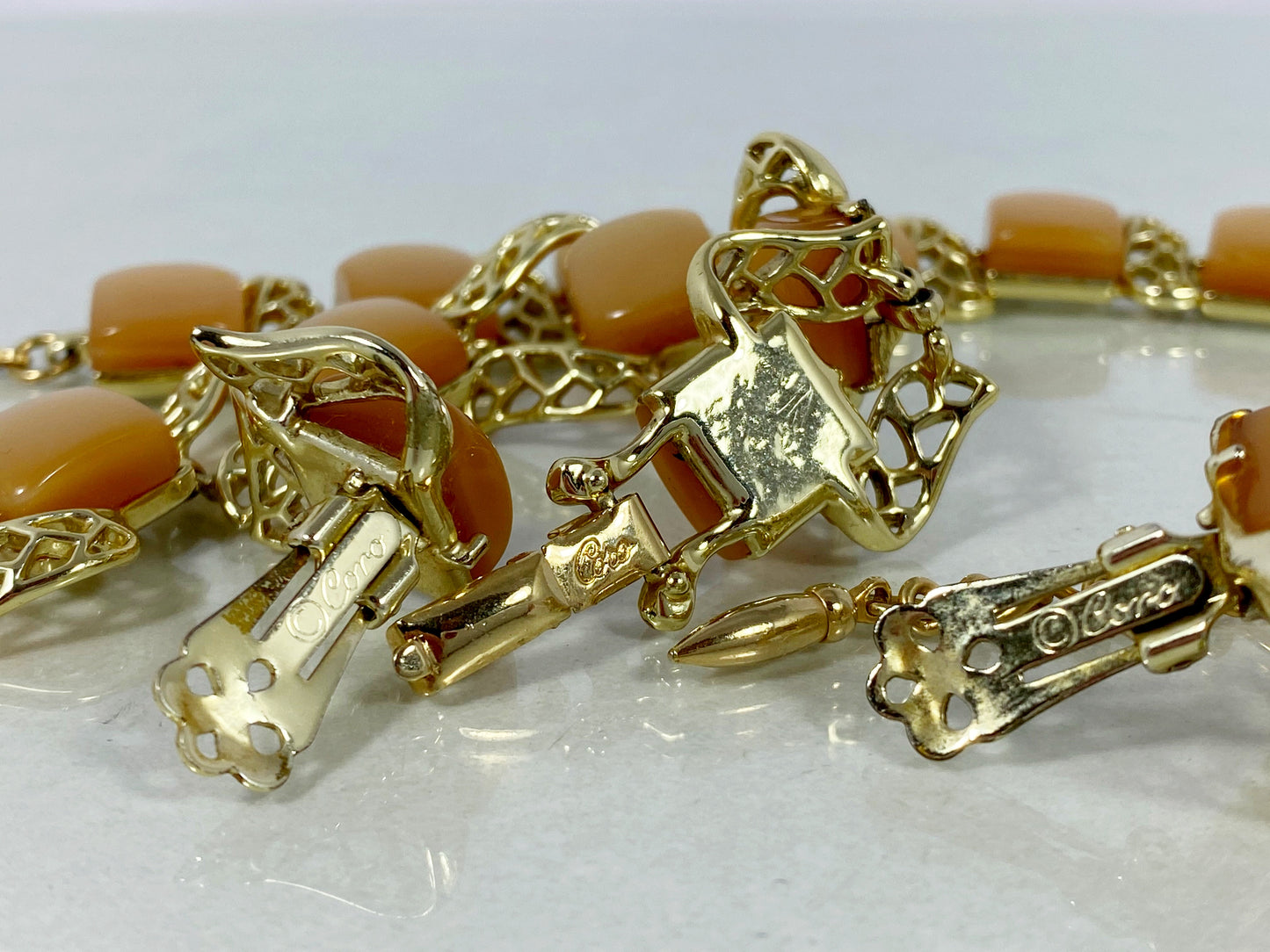 CORO Gold-Tone & Peach Moonglow Necklace, Bracelet, & Earring Set - Busy Bowerbird