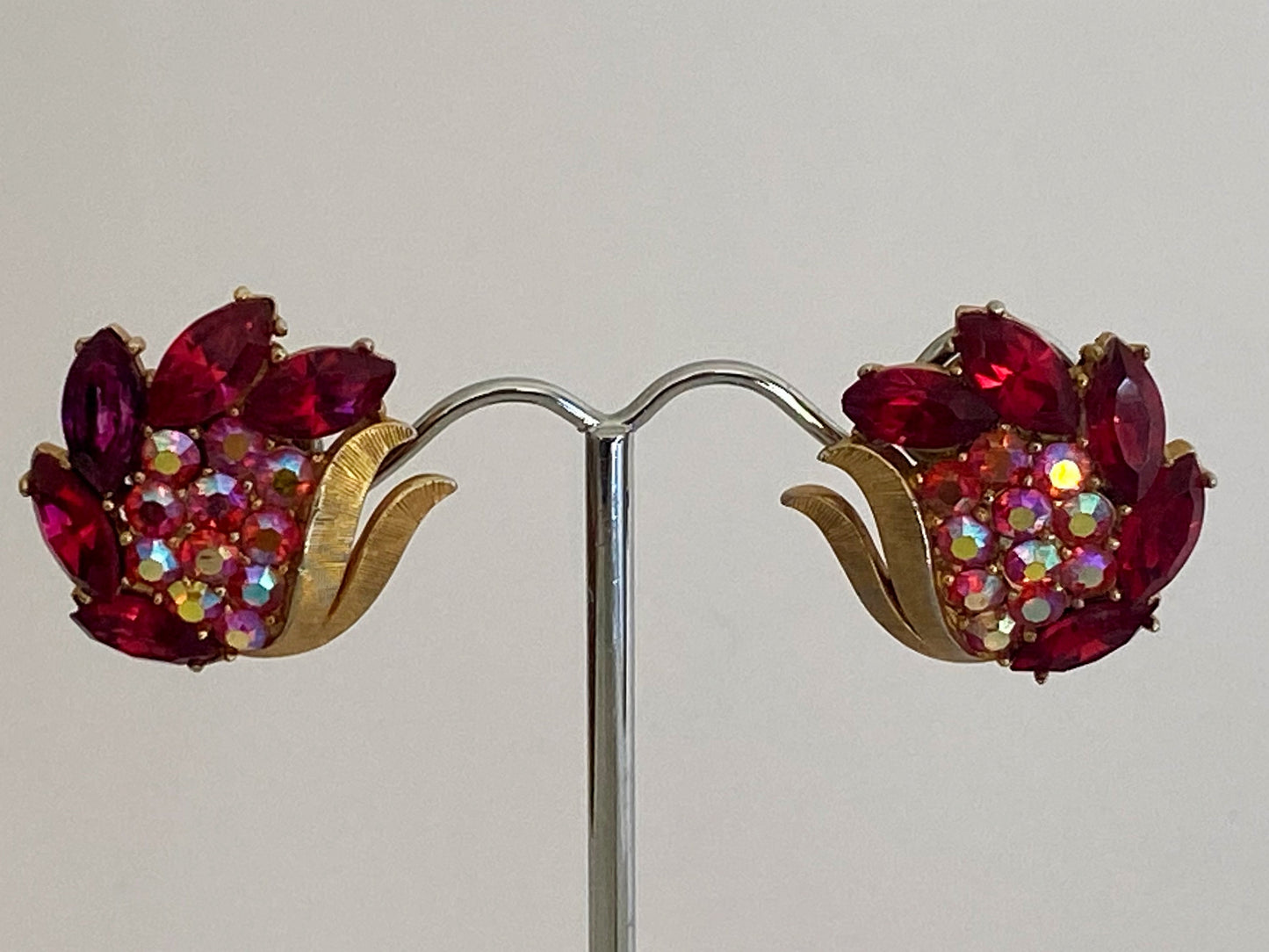 1950s CROWN TRIFARI Pink & Red Crystal Earrings with Brushed Gold Surrounds - Busy Bowerbird