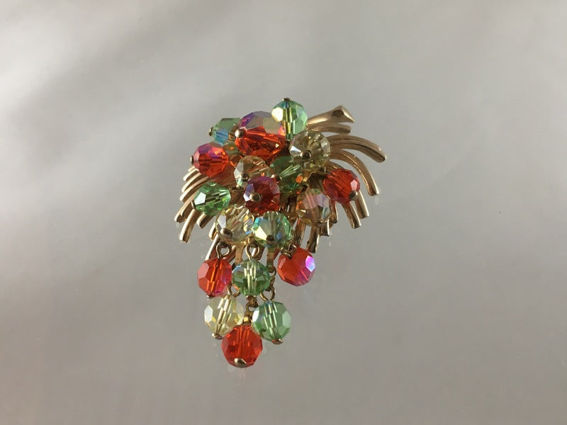 Vine Leaf Shaped Vintage Brooch with Crystal Grapes