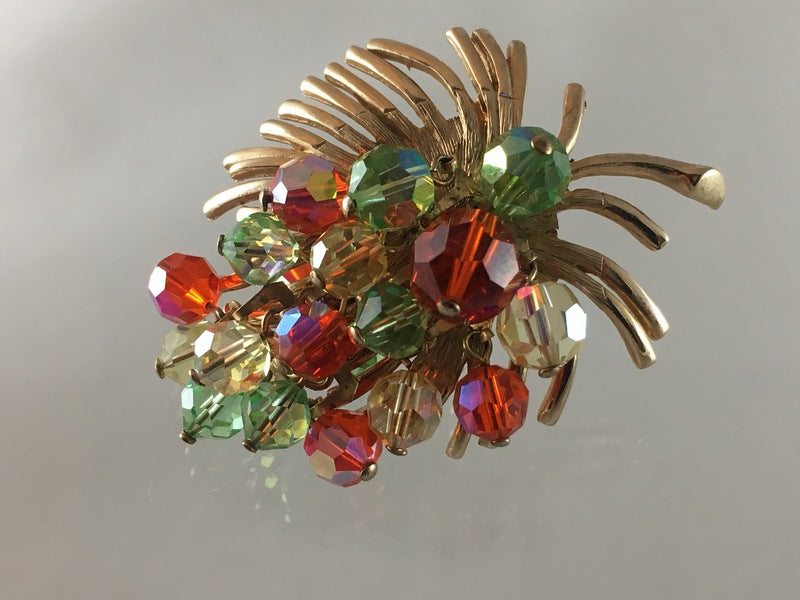 Vine Leaf Shaped Vintage Brooch with Crystal Grapes