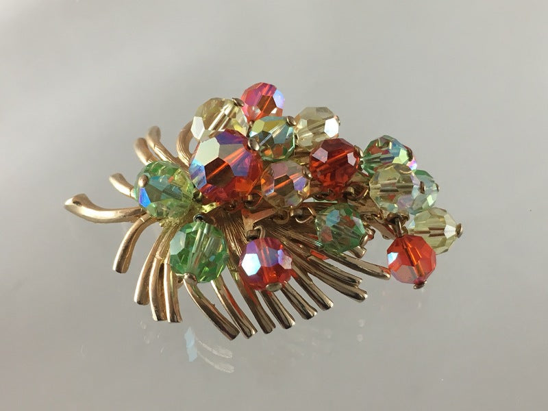 Vine Leaf Shaped Vintage Brooch with Crystal Grapes