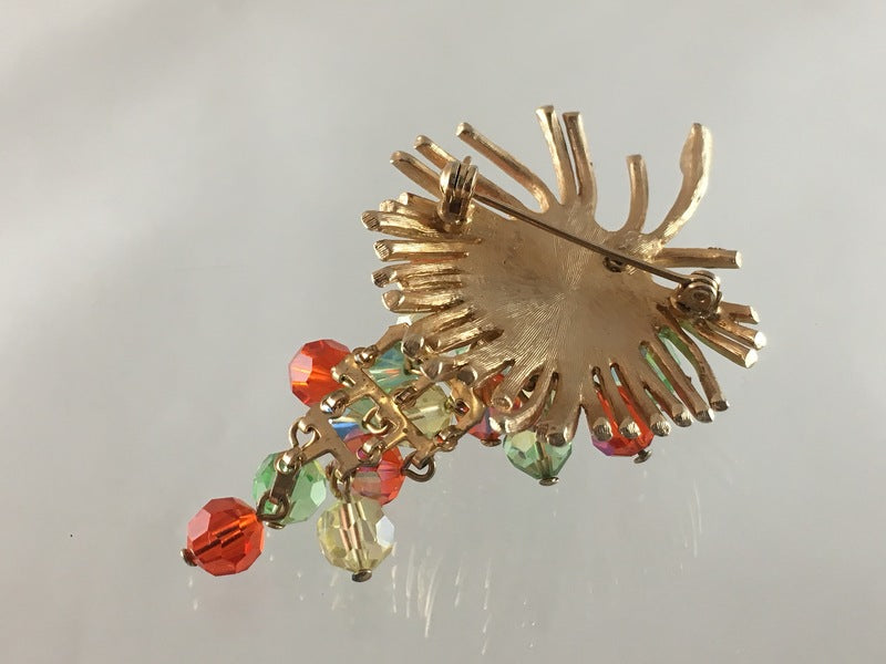 Vine Leaf Shaped Vintage Brooch with Crystal Grapes