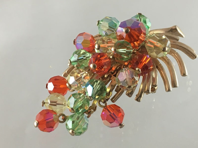 Vine Leaf Shaped Vintage Brooch with Crystal Grapes