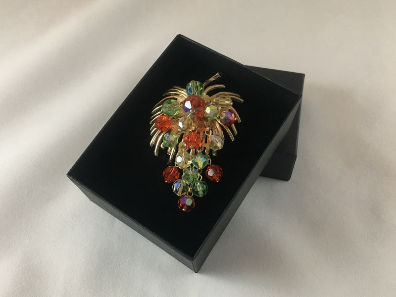 Vine Leaf Shaped Vintage Brooch with Crystal Grapes
