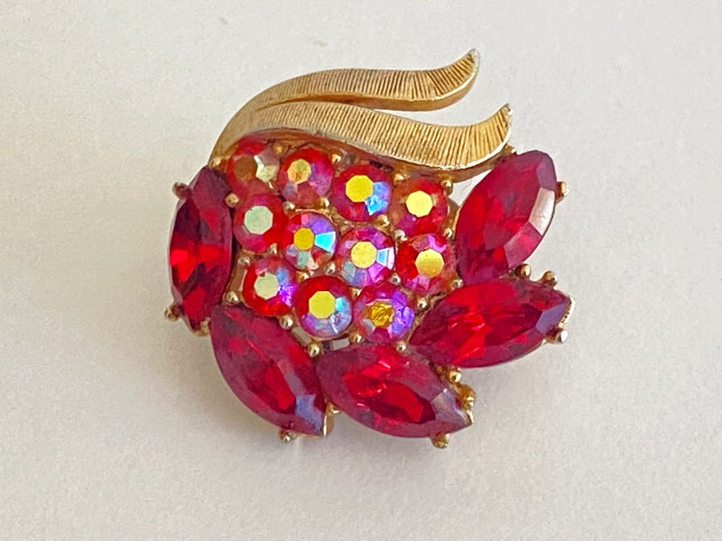 1950s CROWN TRIFARI Pink & Red Crystal Earrings with Brushed Gold Surrounds - Busy Bowerbird