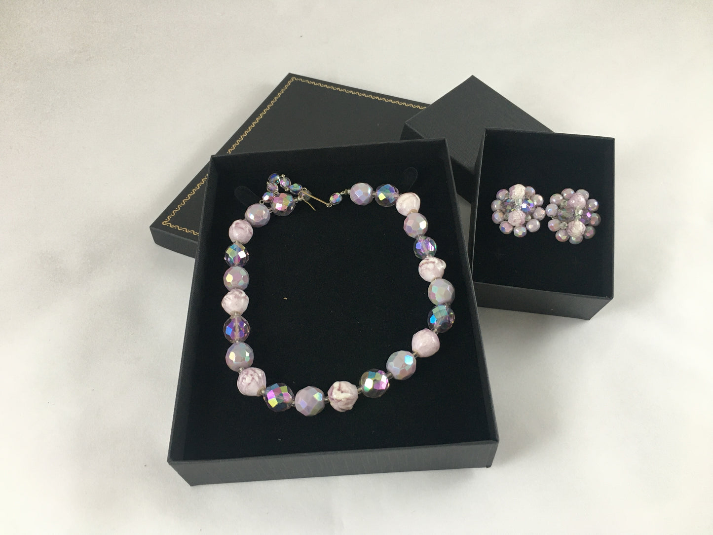 Vintage 16" Purple/Pink Aurora Borealis Crystal and Bead Necklace & Earring Set - Busy Bowerbird