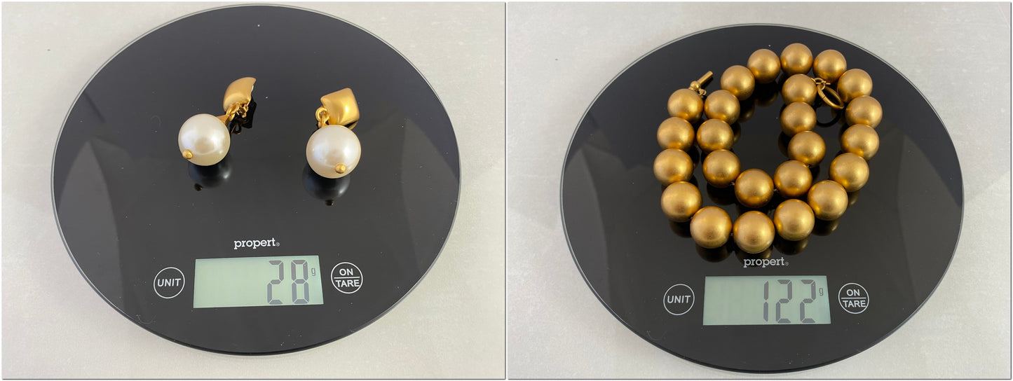 1980s ANNE KLEIN Gold-toned Ball Necklace | Pearl & Gold Earrings - Busy Bowerbird