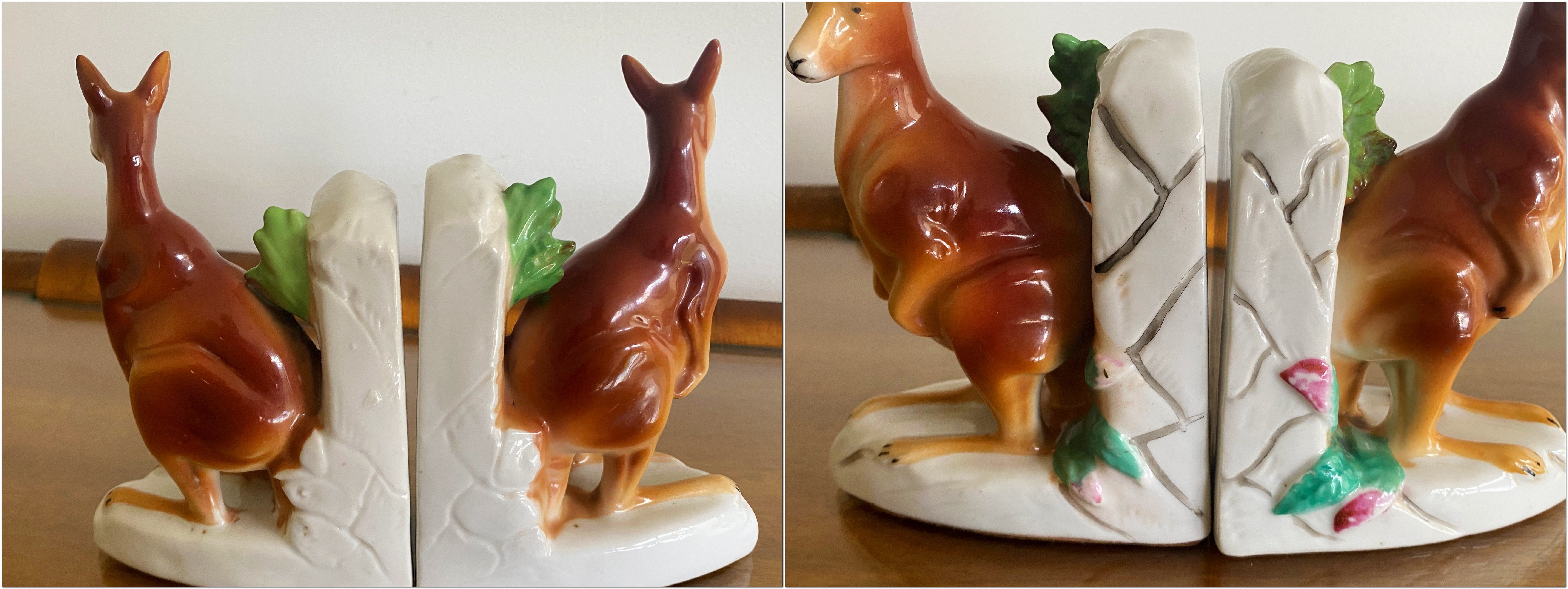 1950s Australian Hand-Painted Pottery Kangaroo Bookends