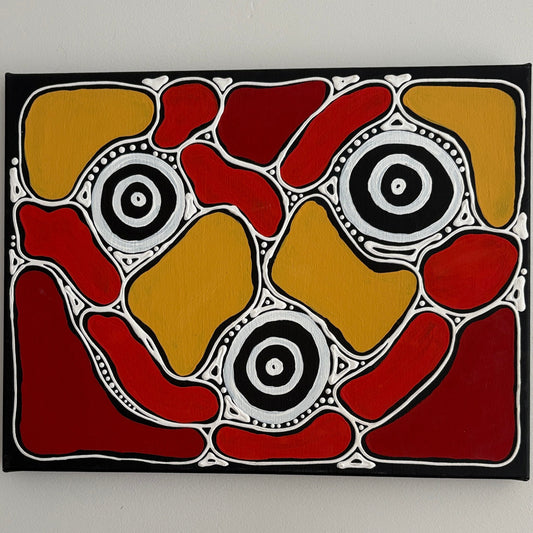 Marie Napurulla original acrylic painting Grandmother's Journey, Luritja artist, red ochre and black canvas