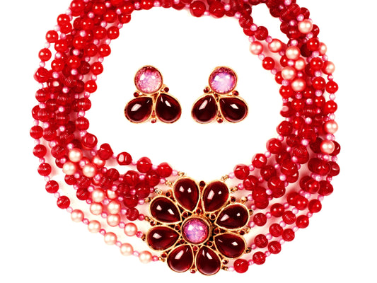 Rare 1960s Pink & Red Mimi di Niscemi for BRANIA Bead & Glass Necklace & Earring Set - Busy Bowerbird