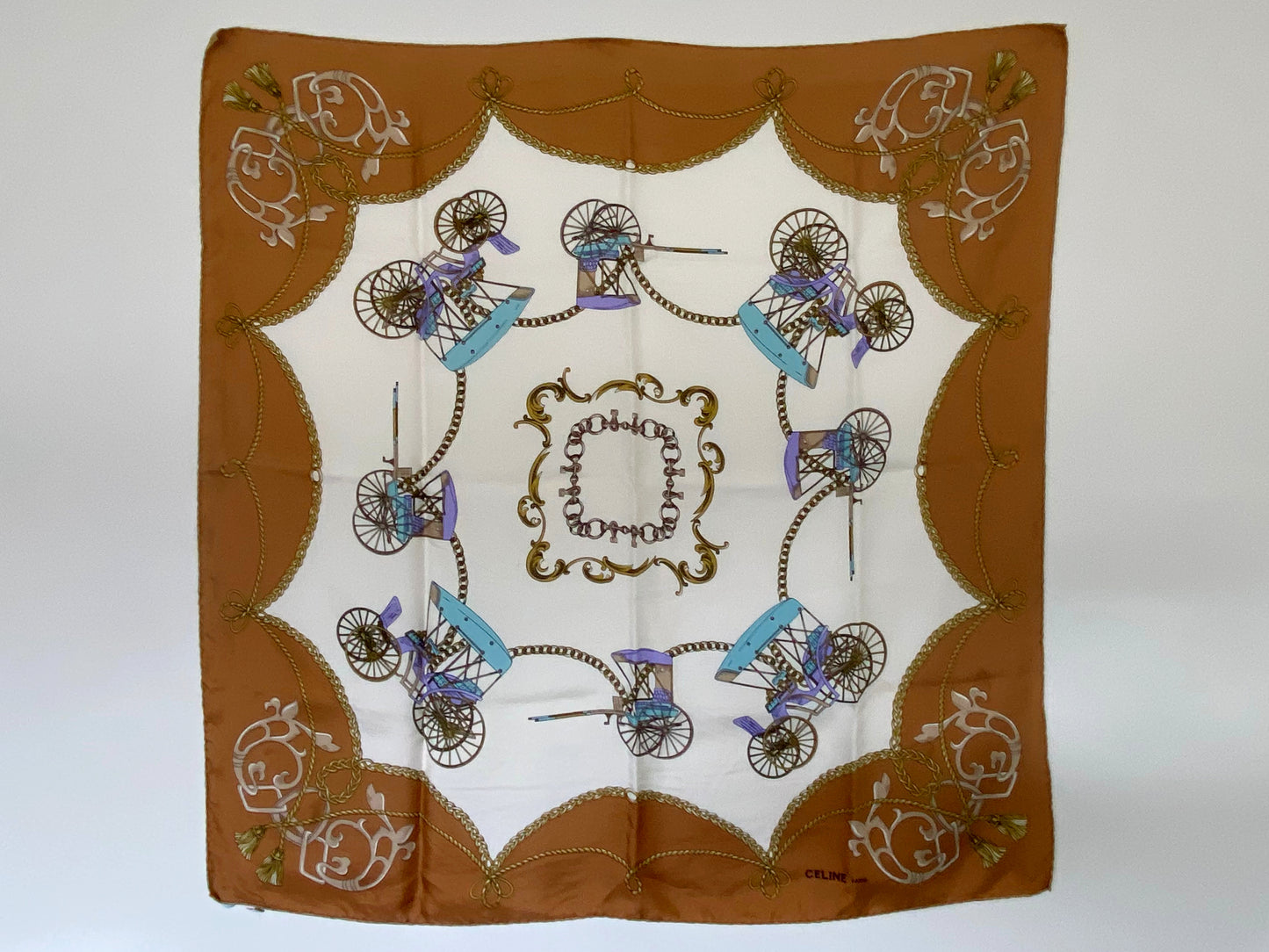 Vintage CELINE PARIS 'Old Jalopies' Design Pure Silk Scarf - Busy Bowerbird