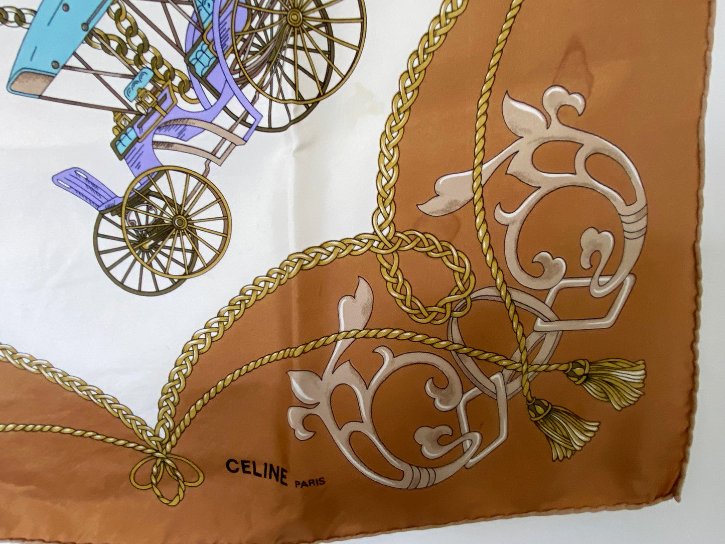 Vintage CELINE PARIS 'Old Jalopies' Design Pure Silk Scarf - Busy Bowerbird