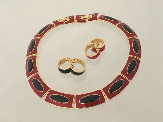 MONET Red & Black Enamel Gold-Plated Necklace | TWO Pairs of Earrings! - Busy Bowerbird