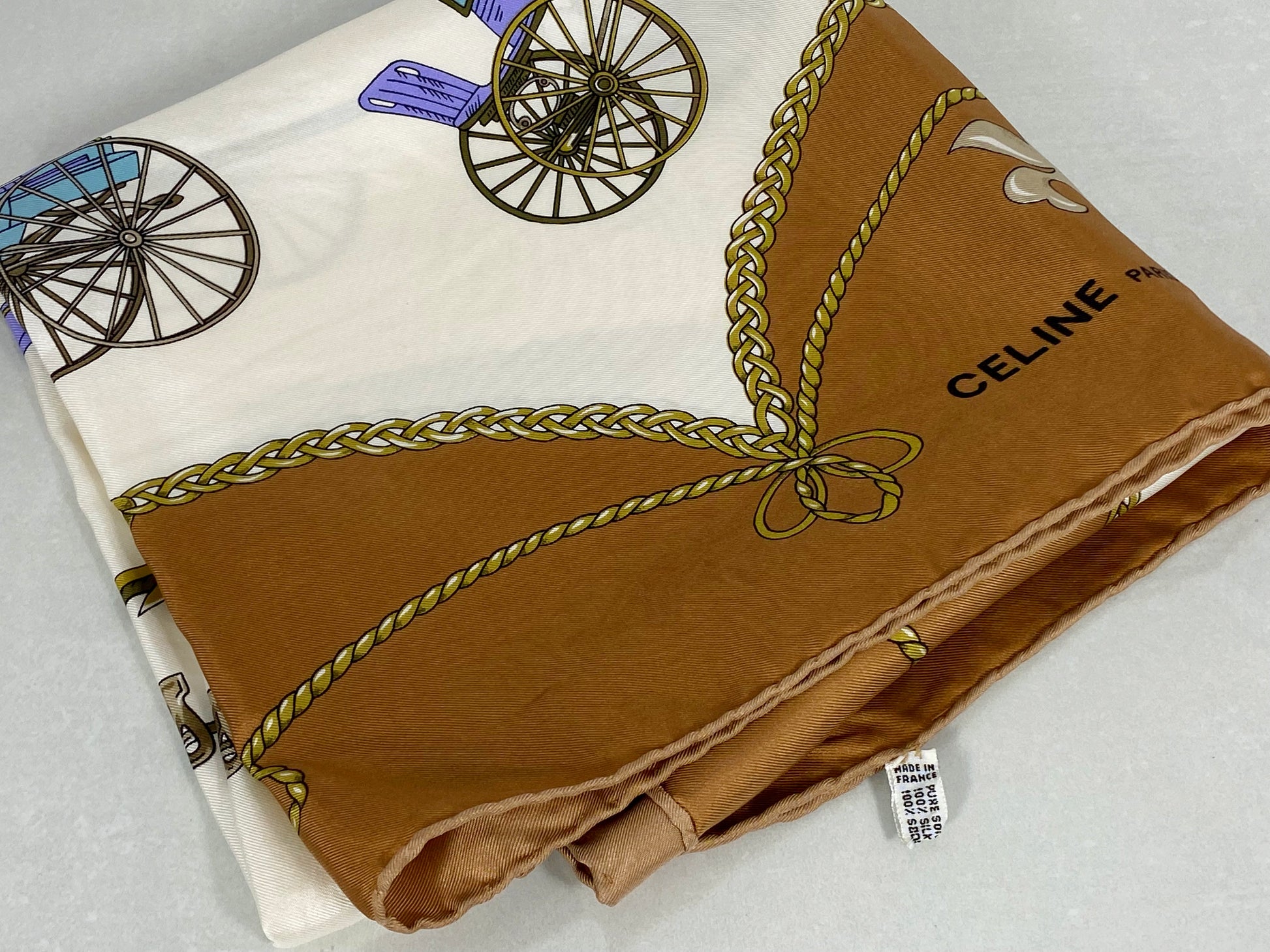 Vintage CELINE PARIS 'Old Jalopies' Design Pure Silk Scarf - Busy Bowerbird