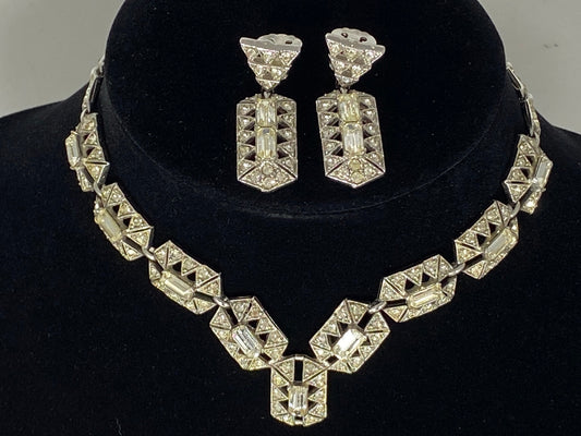 1940s BOGOFF Art Deco Rhinestone Pendant Choker & Earring Set - Busy Bowerbird