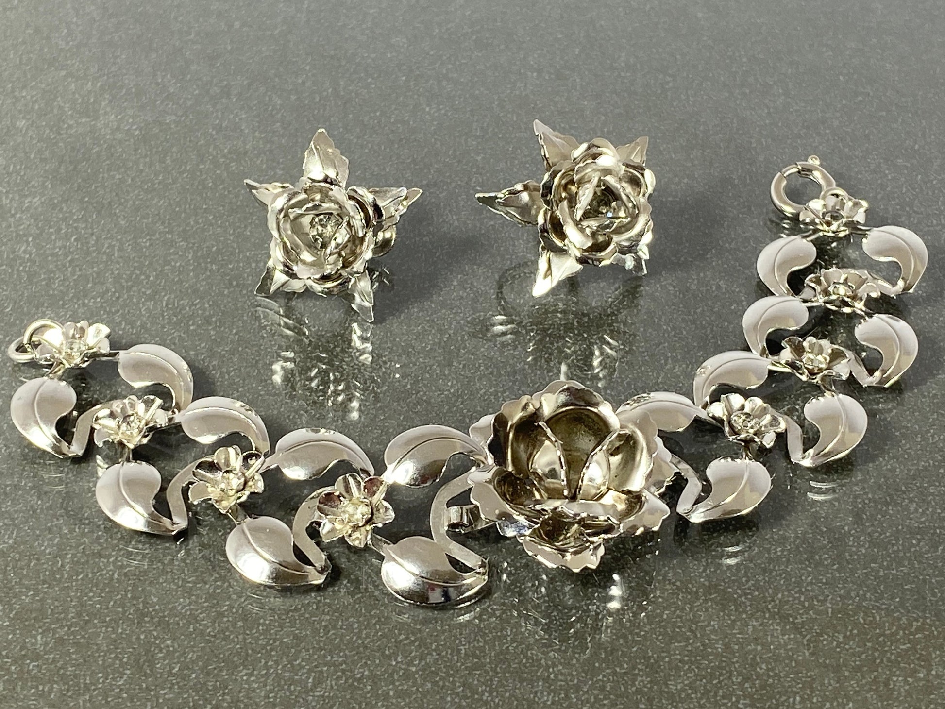 1930s BUGBEE NILES Silver-Tone Rhinestone Bracelet & Earring Set - Busy Bowerbird