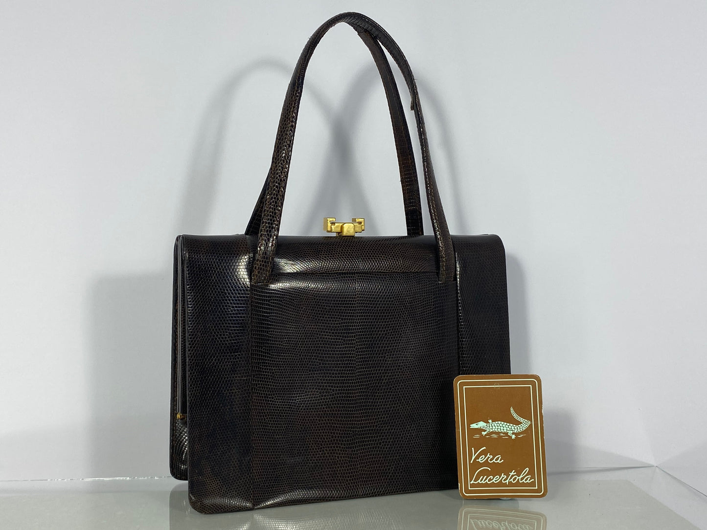 1950s Italian Genuine Lizard Skin Dark Brown Structured Top-Frame Purse - Busy Bowerbird