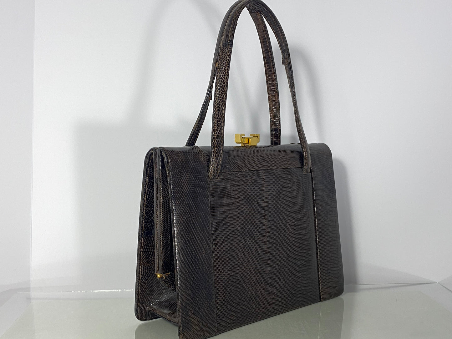 1950s Italian Genuine Lizard Skin Dark Brown Structured Top-Frame Purse - Busy Bowerbird