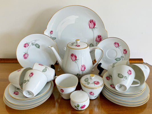 Vintage 22-Piece Hutschenreuther 'American Beauty' Rose Pattern Coffee Service - Busy Bowerbird