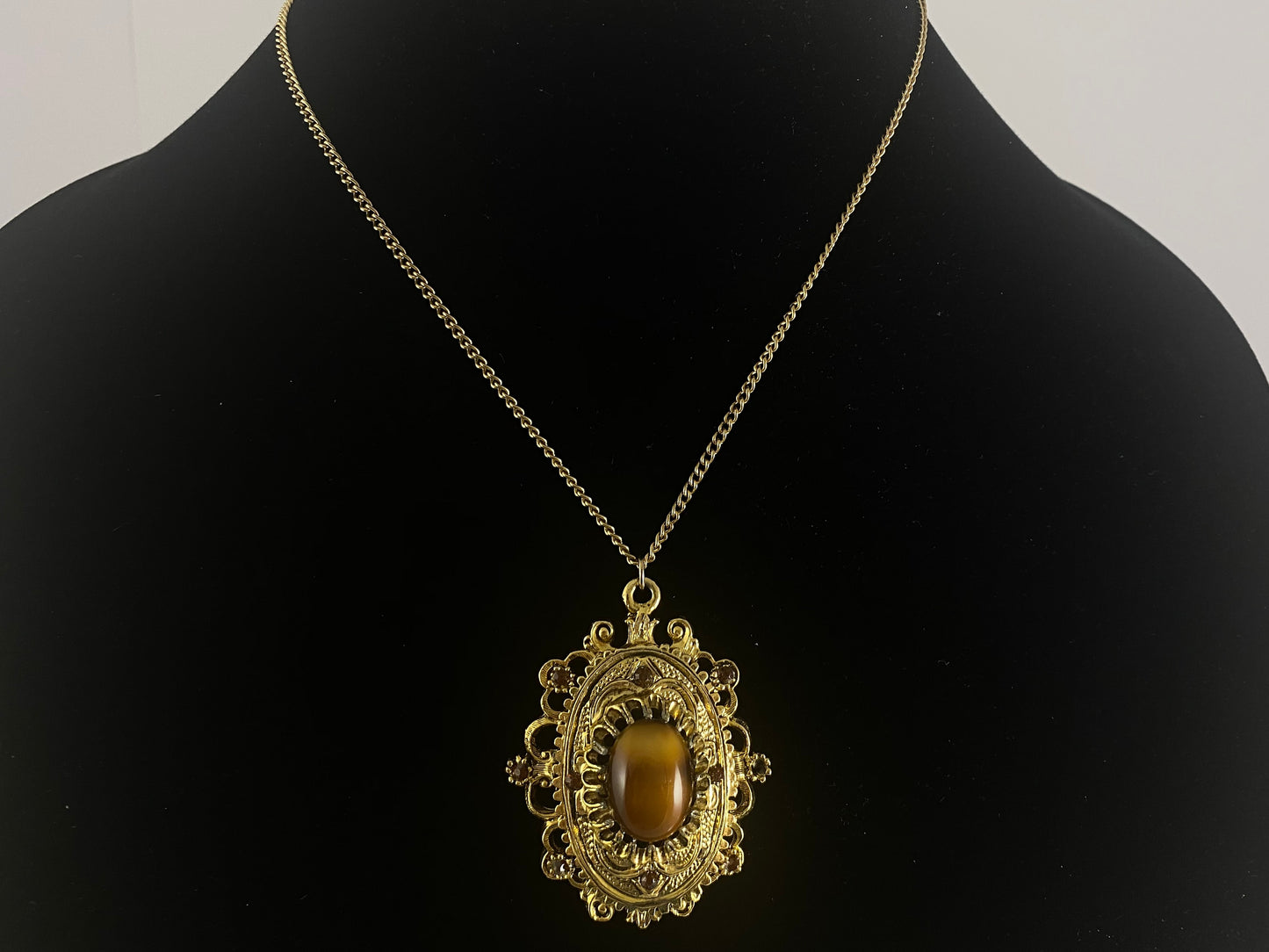 1960s CELEBRITY N.Y. Ornate Necklace with Faux Tiger's Eye & Crystal Centerpiece - Busy Bowerbird