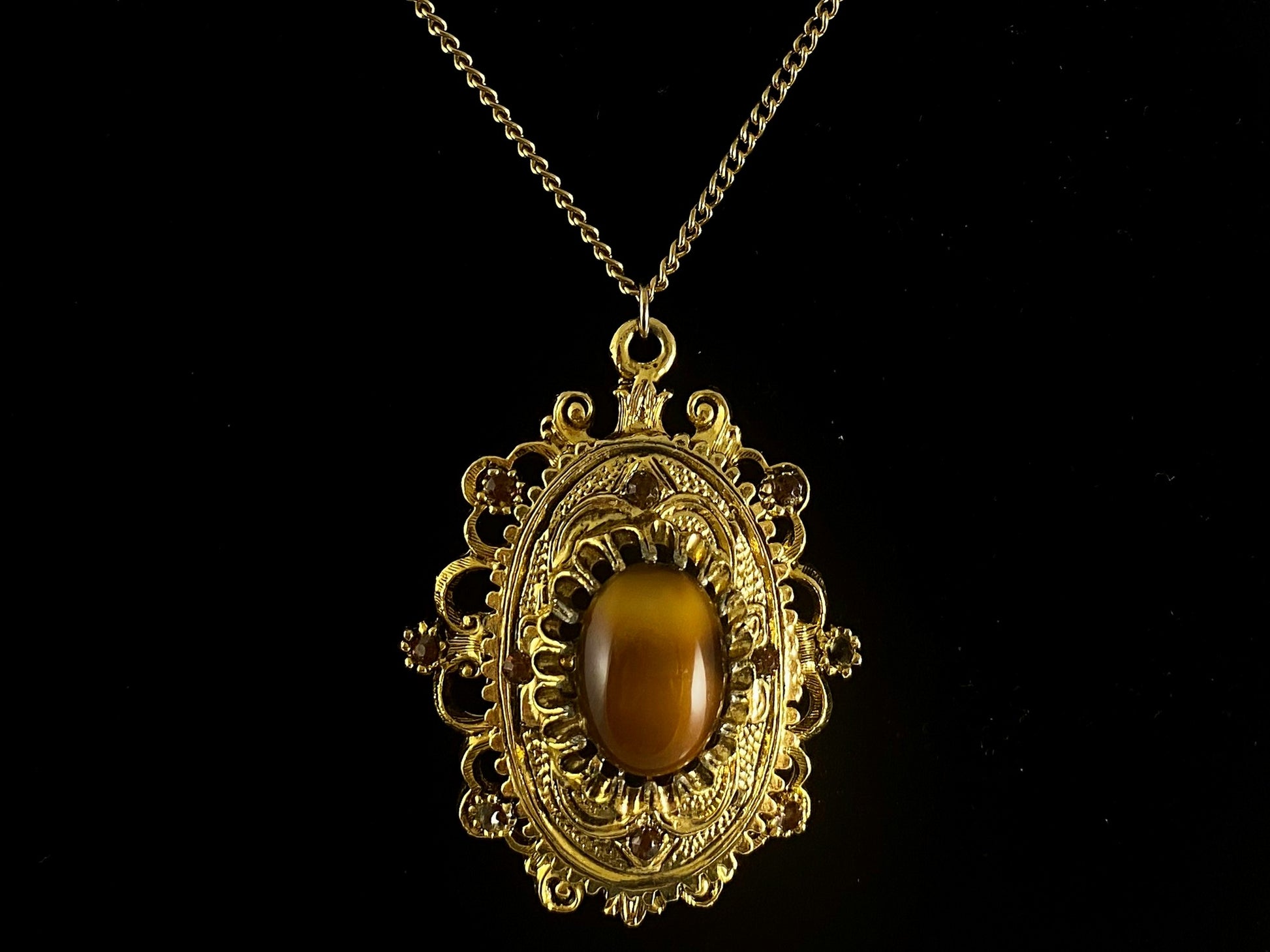 1960s CELEBRITY N.Y. Ornate Necklace with Faux Tiger's Eye & Crystal Centerpiece - Busy Bowerbird