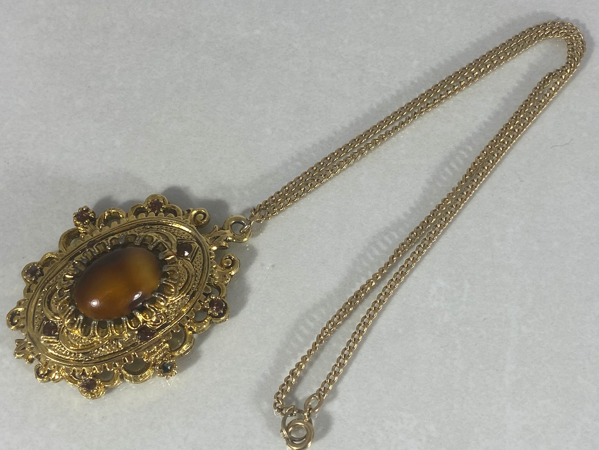 1960s CELEBRITY N.Y. Ornate Necklace with Faux Tiger's Eye & Crystal Centerpiece - Busy Bowerbird