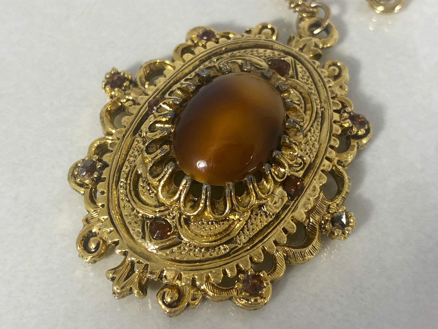 1960s CELEBRITY N.Y. Ornate Necklace with Faux Tiger's Eye & Crystal Centerpiece - Busy Bowerbird