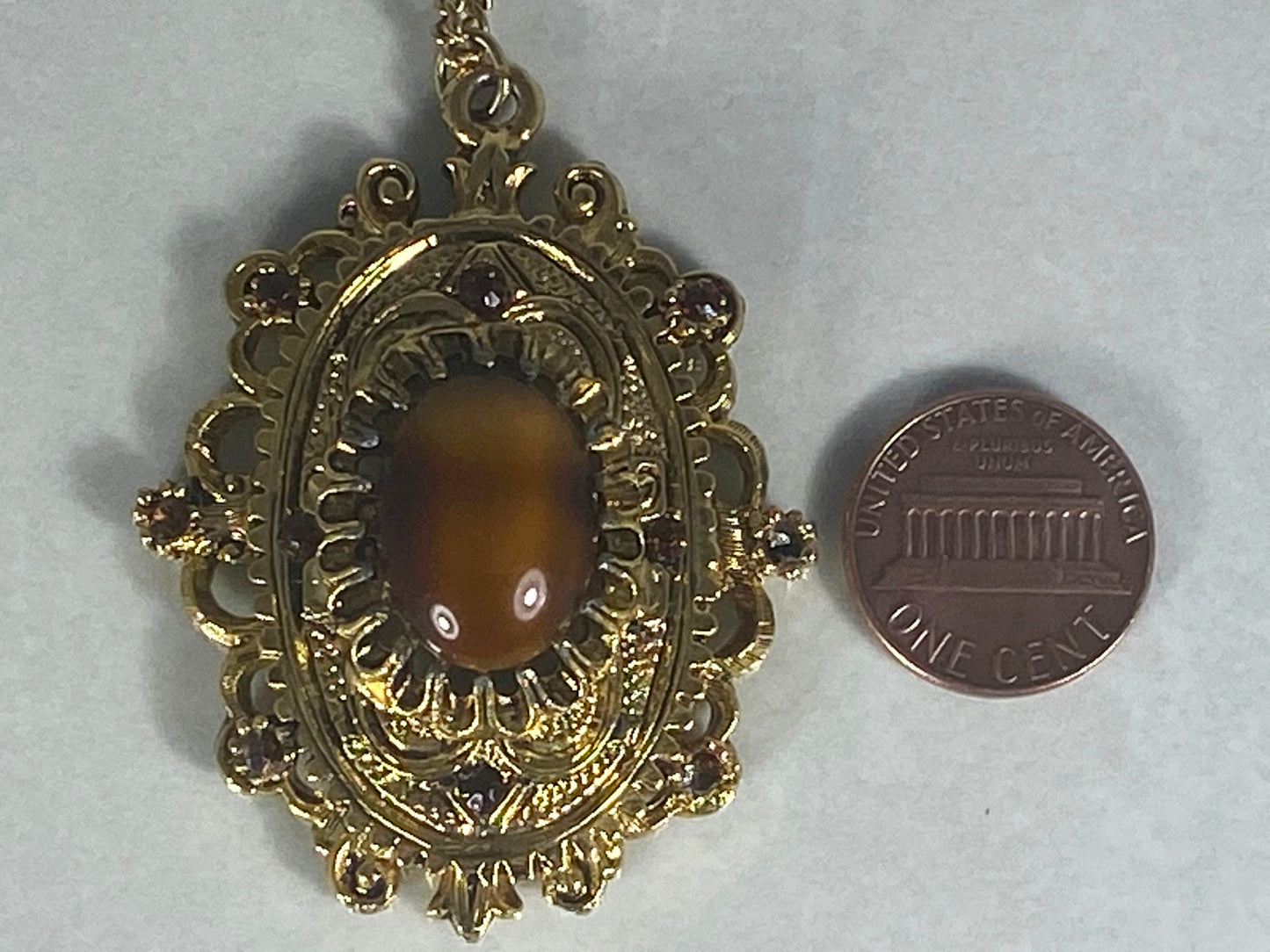 1960s CELEBRITY N.Y. Ornate Necklace with Faux Tiger's Eye & Crystal Centerpiece - Busy Bowerbird