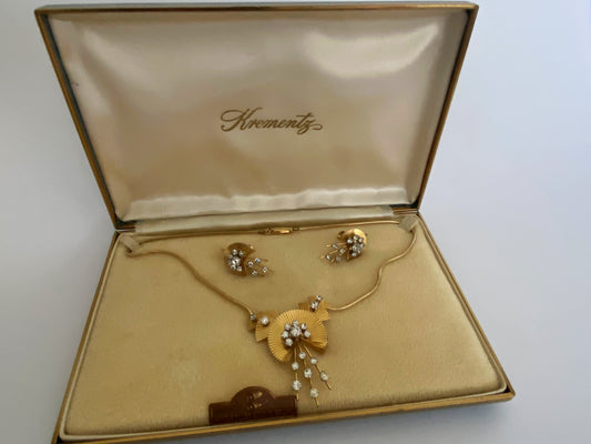 1950s KREMENTZ 14kt Gold Overlay Art Deco Pendant Necklace & Earring Set | IOB - Busy Bowerbird