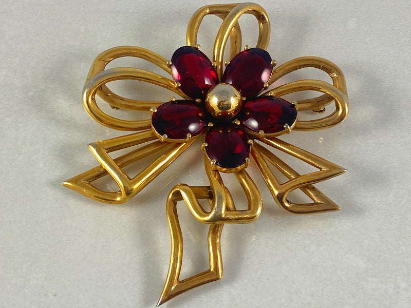 Massive Gold Brooch with Red Glass Petals