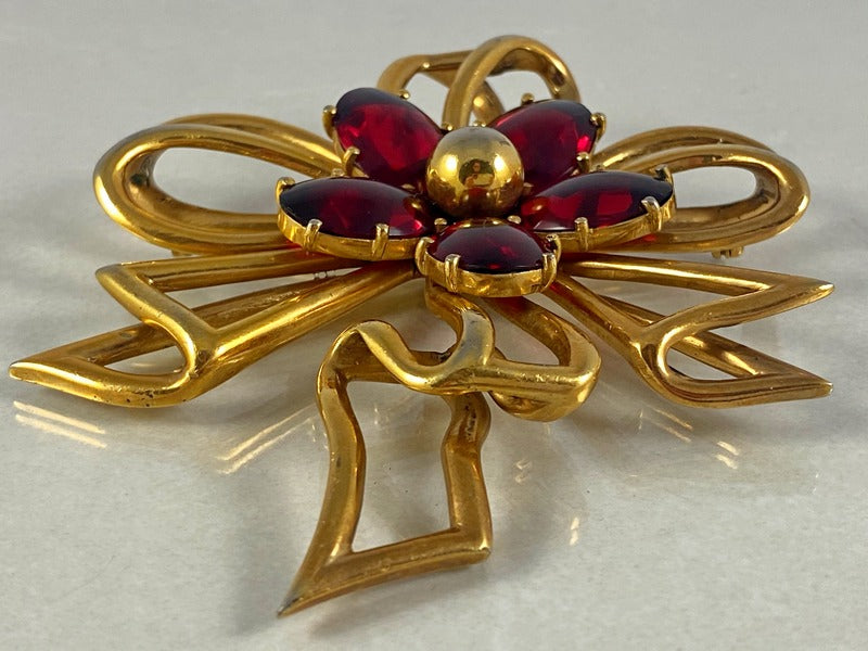 Massive Gold Brooch with Red Glass Petals