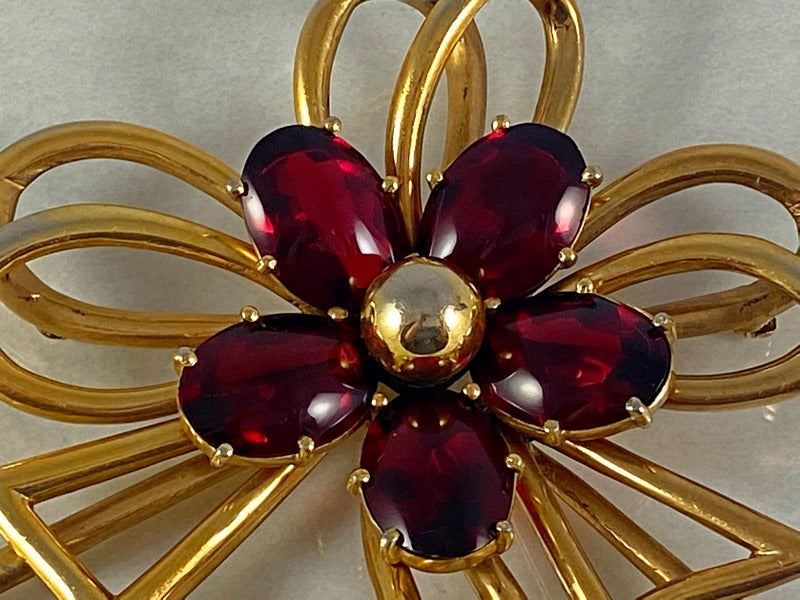 Massive Gold Brooch with Red Glass Petals