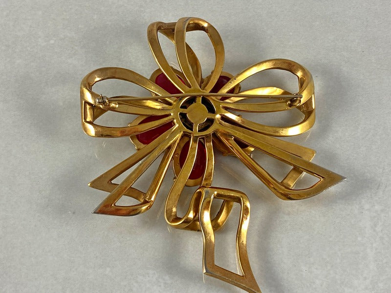 Massive Gold Brooch with Red Glass Petals